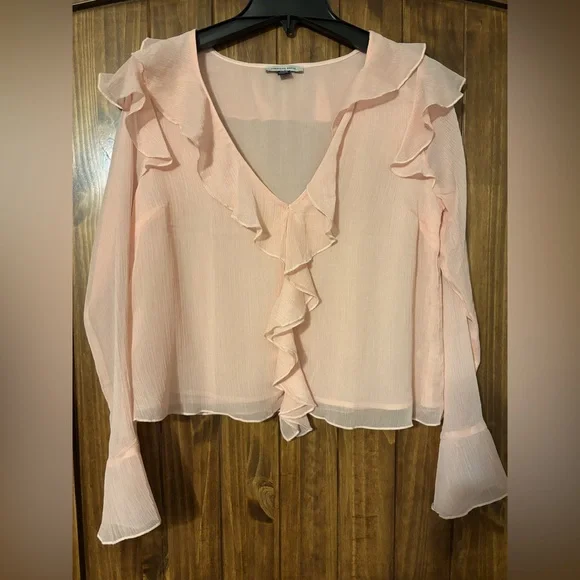 American Eagle Outfitters Soft Pink Ruffle Blouse - Picture 2 of 3